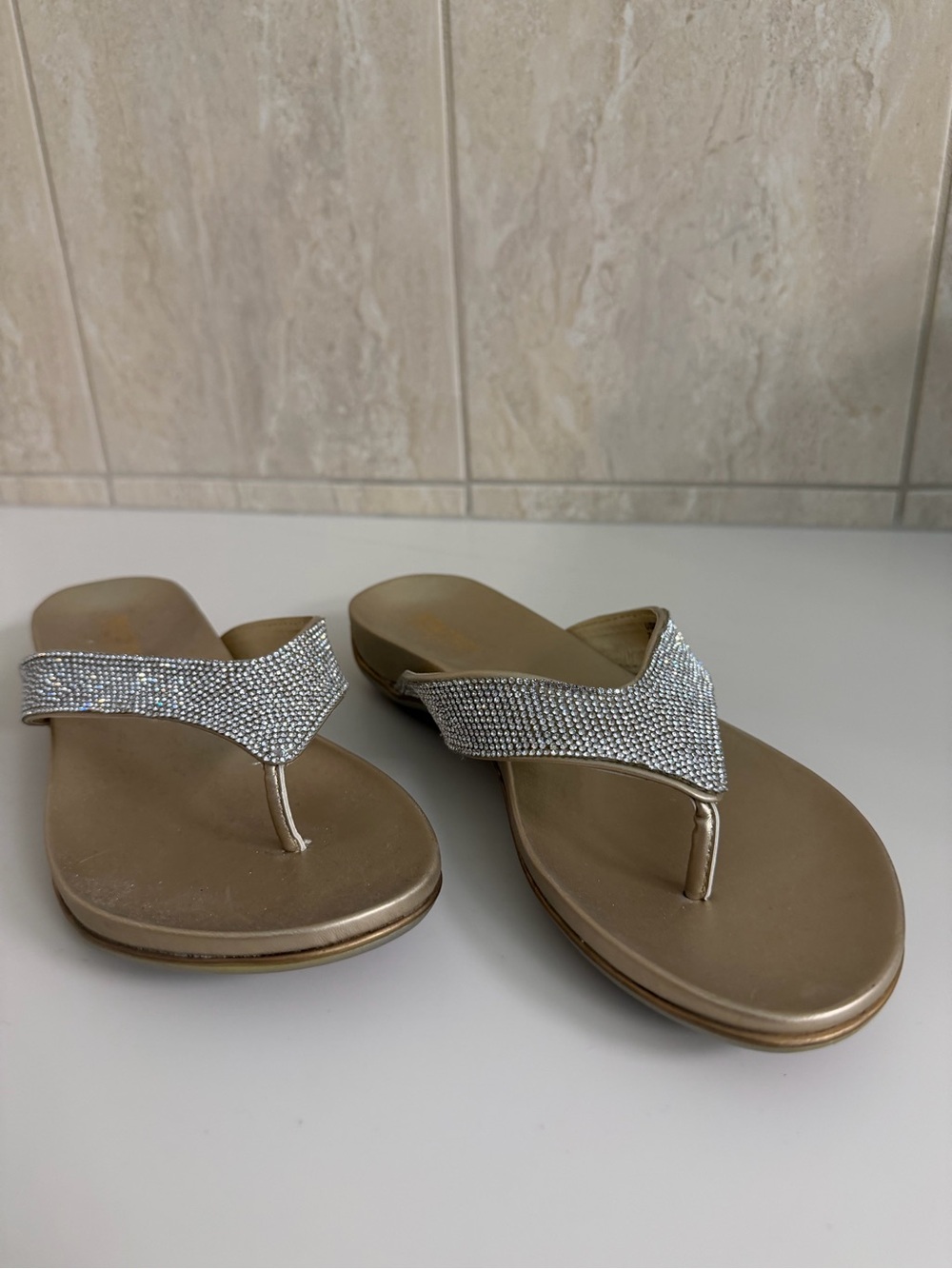 Rhinestone Embellished Gold Thong Sandals